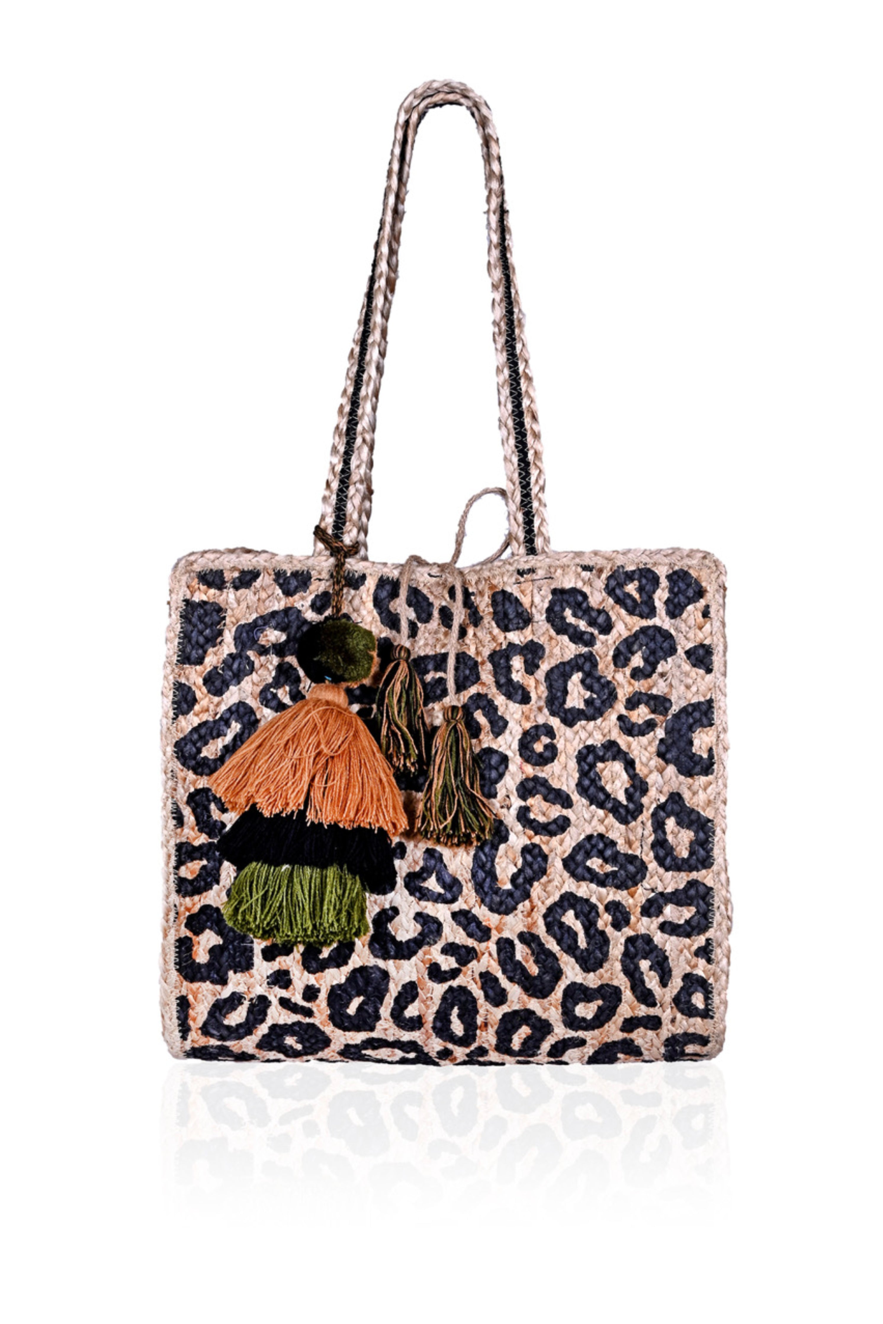 Leopard Printed Jute Brown Tote with Tassel